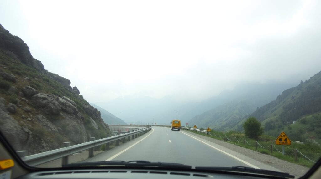 A well-maintained taxi navigating the scenic mountainous roads from Haridwar to Badrinath, with lush green valleys and majestic peaks in the background.